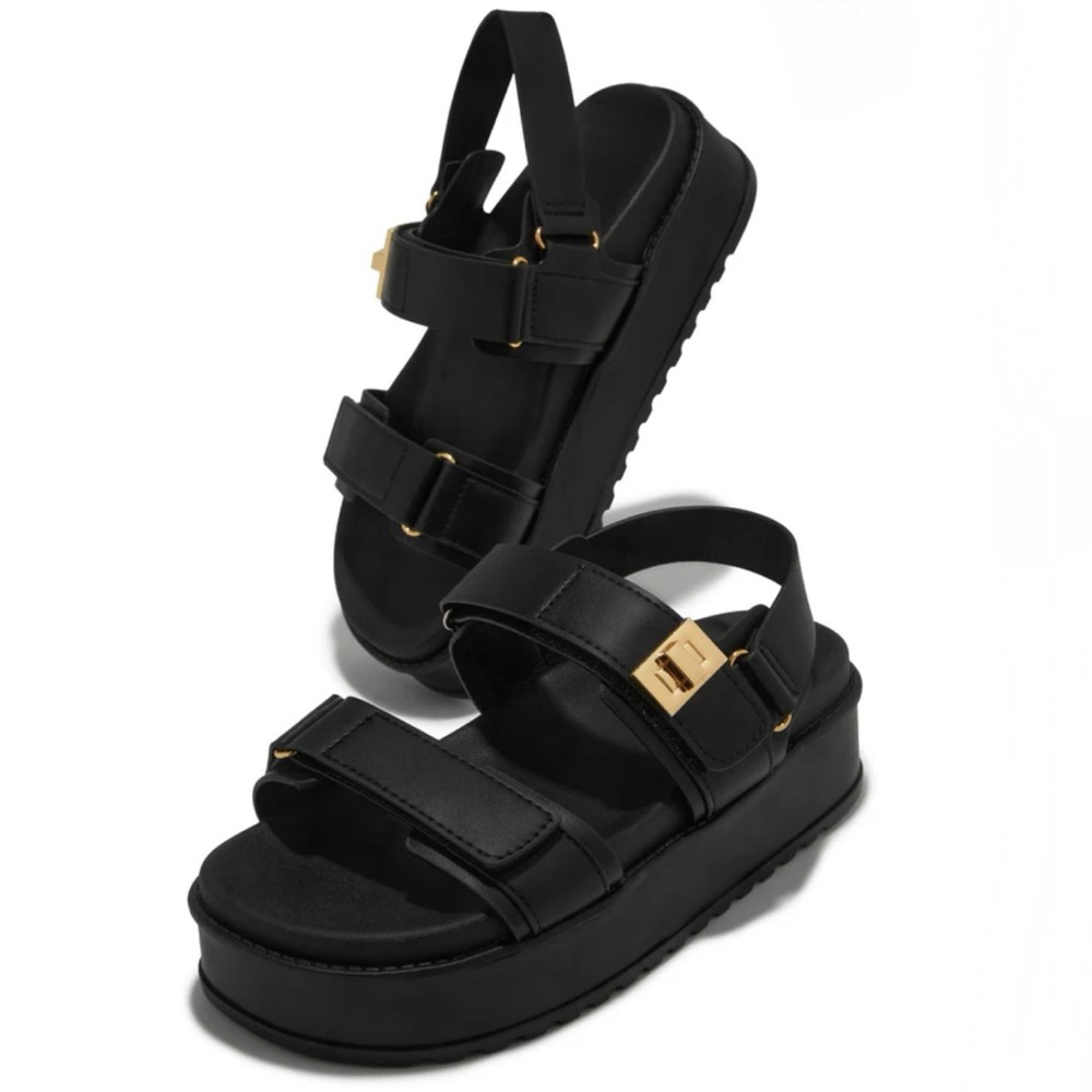 Black Double Velcro Straps Platform Sandals - Picture 2 of 7
